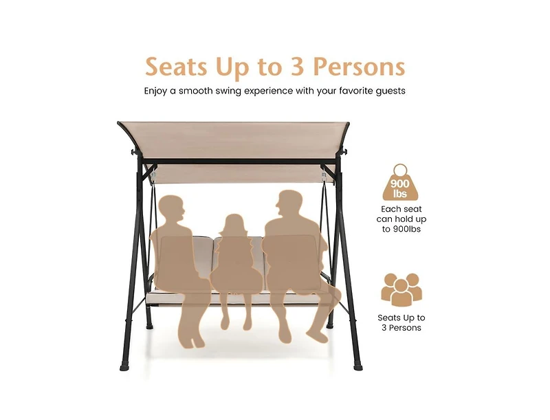 Slickblue 3-Person Outdoor Patio Porch Swing with Adjustable Canopy and 900 Lbs Weight Capacity