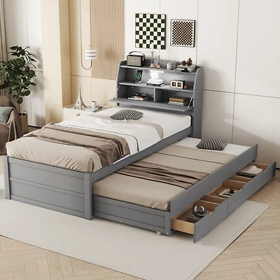 Streamdale Twin Wooden Led Platform Bed with Storage & Trundle