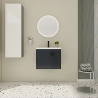 Wall-Mounted Vanity | Dual-Door with 3D Wave | Ceramic Sink | Soft-Close | Metallic