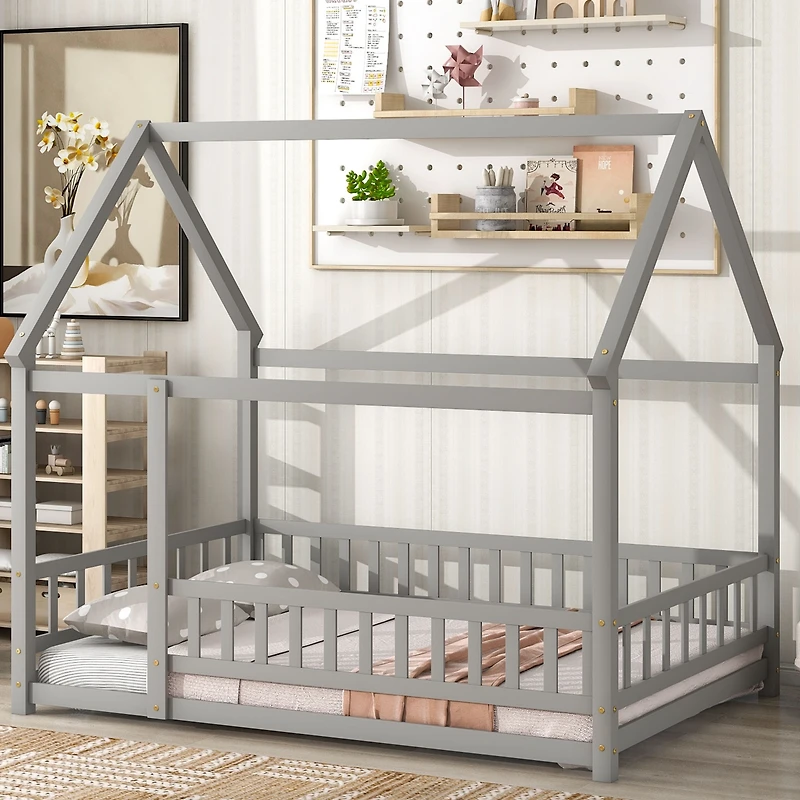Streamdale Wooden House Bed with Guardrails (Grey)