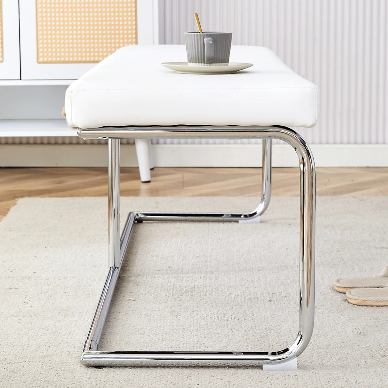 Versatile White Leather Bench with Silver Metal Legs for Multiple Rooms