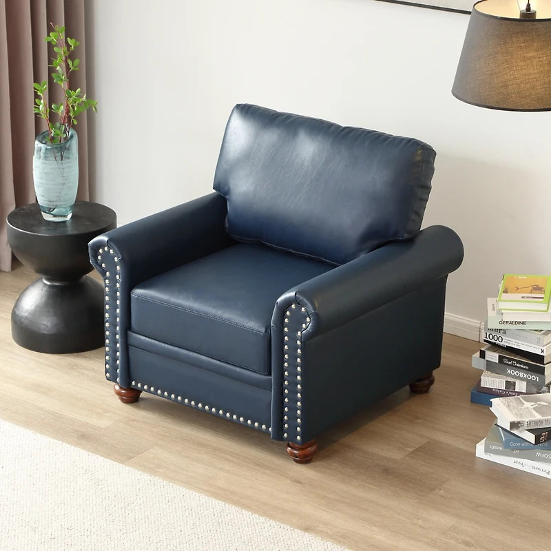 Streamdale Furniture Living Room Sofa Single Seat Chair with Wood Leg Navy Blue Faux Leather