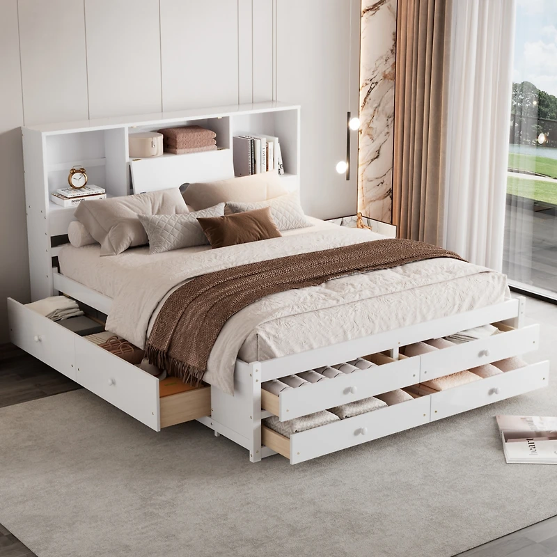Streamdale Queen Size Platform Bed with Storage Headboard and 8 Drawers, White