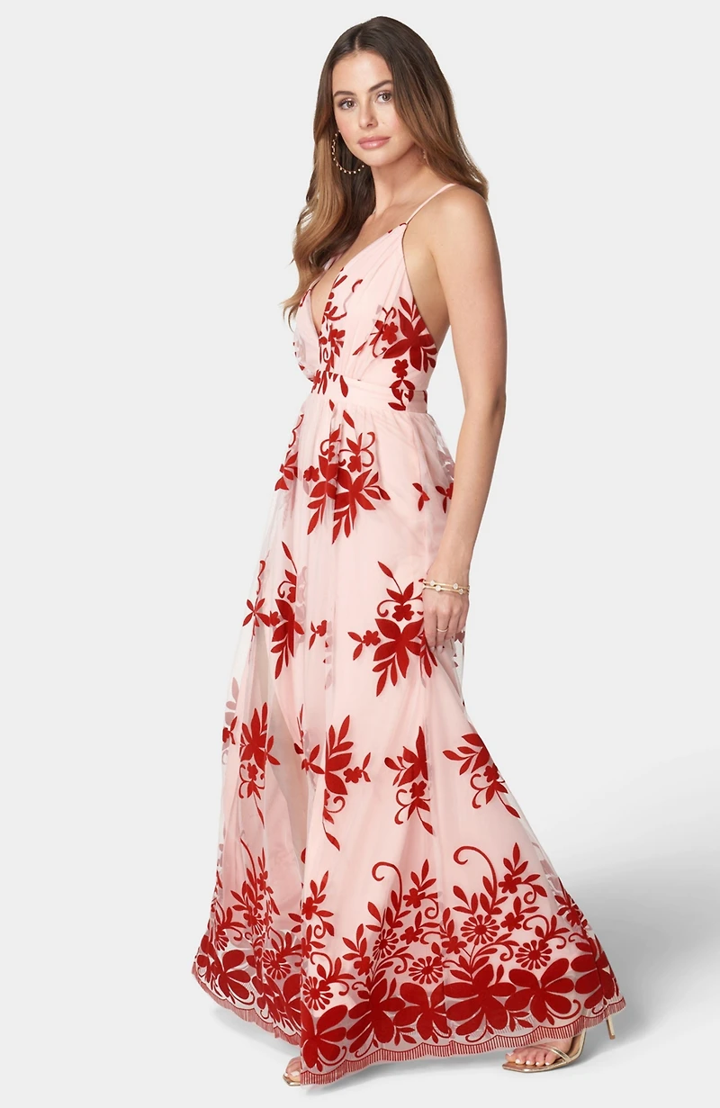 Bebe Women's Plunge Neck Embroidered Maxi Dress