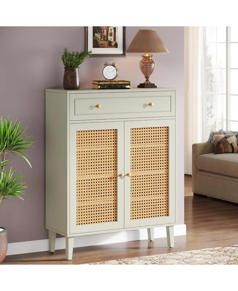 Tribesigns Shoe Cabinet with Doors and Drawer, Modern Shoe Storage Cabinet for Entryway, Rattan Wooden Shoe Organizer with Adjustable Shelf, Green