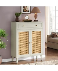 Tribesigns Shoe Cabinet with Doors and Drawer, Modern Shoe Storage Cabinet for Entryway, Rattan Wooden Shoe Organizer with Adjustable Shelf, Green