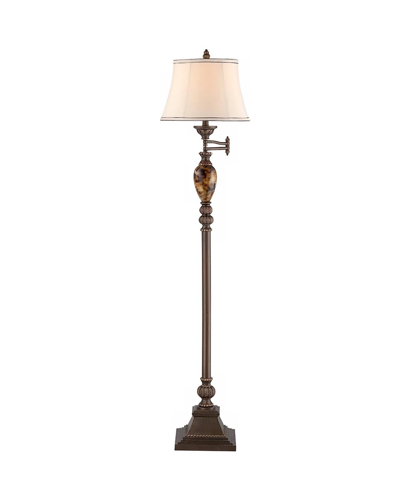 Mulholland Rustic Vintage like Swing Arm Floor Lamp Standing 61" Tall Bronze Marble Font Ivory Faux Silk Drum Shade Decor for Living Room Reading