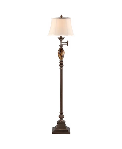 Mulholland Rustic Vintage like Swing Arm Floor Lamp Standing 61" Tall Bronze Marble Font Ivory Faux Silk Drum Shade Decor for Living Room Reading