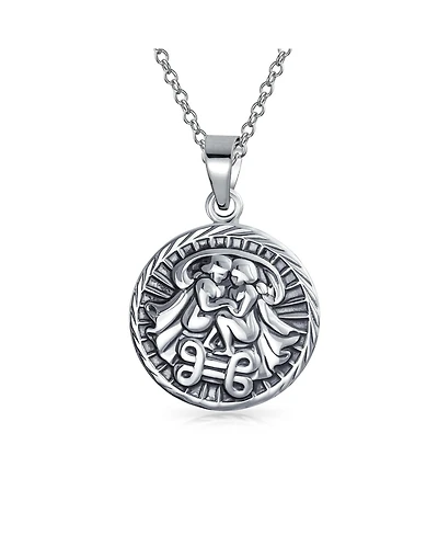 Bling Jewelry Gemini Zodiac Sign Round Medallion Pendant Necklace Sterling Silver