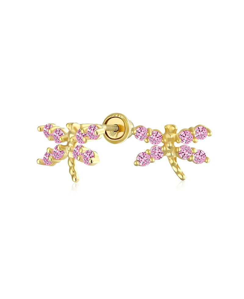 Bling Jewelry Cz Tiny Cubic Zirconia Pink Cz Dragonfly Firefly Butterfly Stud Earrings 14K Yellow Gold Screw back