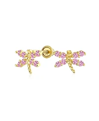Bling Jewelry Cz Tiny Cubic Zirconia Pink Cz Dragonfly Firefly Butterfly Stud Earrings 14K Yellow Gold Screw back