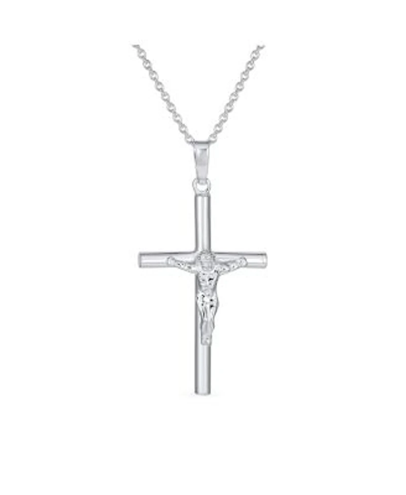 Bling Jewelry Simple Christian Catholic Religious Jewelry Medium Jesus Crucifix Cross Necklace Pendant Sterling Silver 1.7 Inch