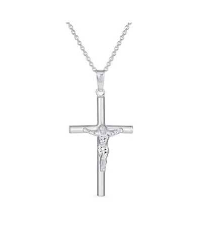 Bling Jewelry Simple Christian Catholic Religious Jewelry Medium Jesus Crucifix Cross Necklace Pendant Sterling Silver 1.7 Inch