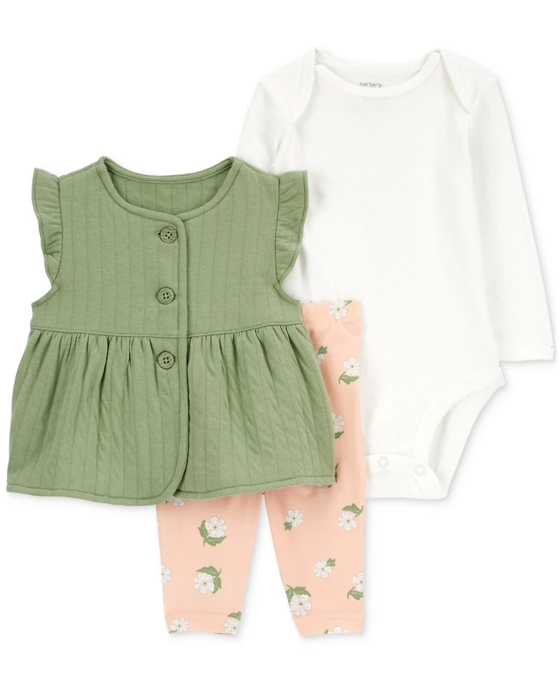 Carter's Baby Girls Double-Knit Little Vest, Long-Sleeve Bodysuit & Flower-Print Pants, 3 Piece Set