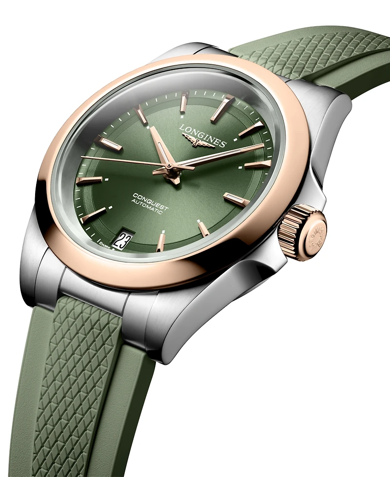 Longines Women's Swiss Automatic Conquest Green Rubber Strap Watch 34mm