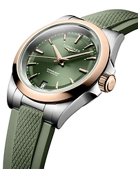 Longines Women's Swiss Automatic Conquest Green Rubber Strap Watch 34mm