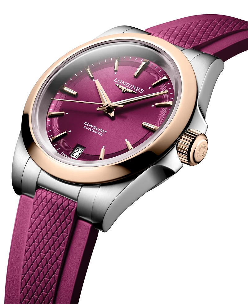 Longines Women's Swiss Automatic Conquest Purple Rubber Strap Watch 34mm