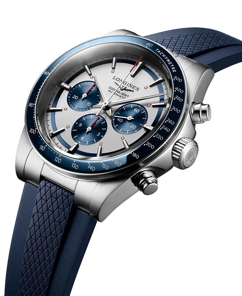 Longines Men's Swiss Automatic Chronograph Conquest Blue Rubber Strap Watch 42mm