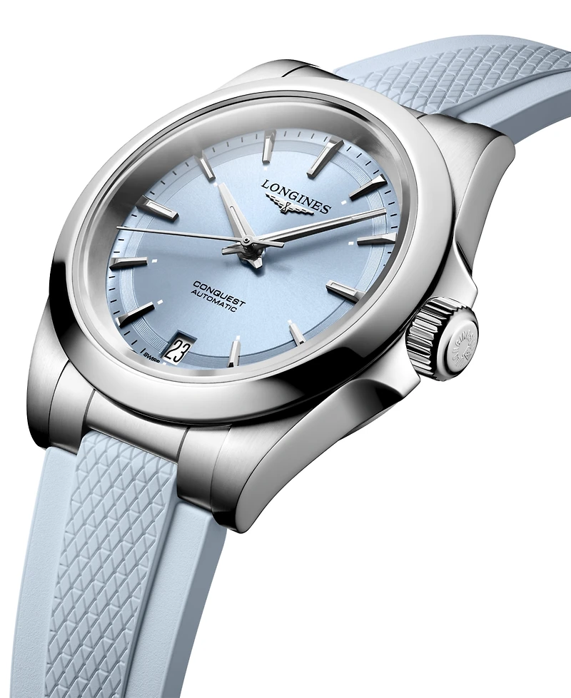 Longines Women's Swiss Automatic Conquest Blue Rubber Strap Watch 34mm