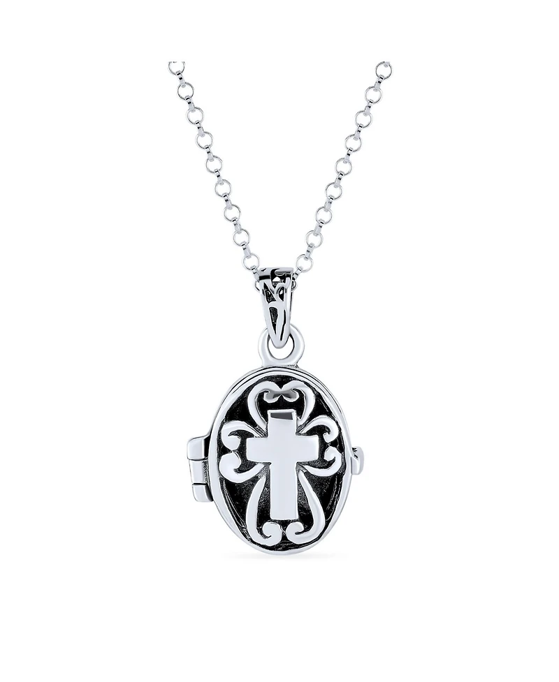 Bling Jewelry Delicate Religious Christian Oval Cross Prayer Box Locket Holds Photo Diffuser Perfumer Pendant Silver