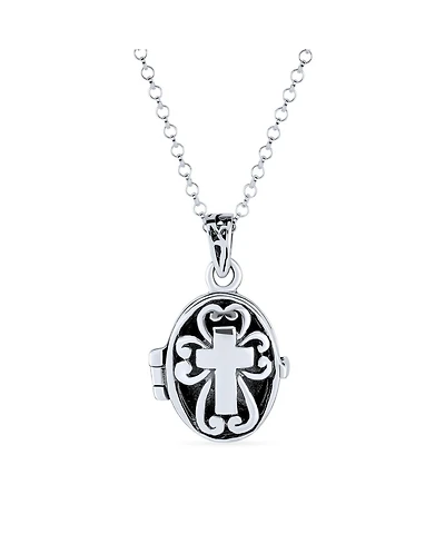 Bling Jewelry Delicate Religious Christian Oval Cross Prayer Box Locket Holds Photo Diffuser Perfumer Pendant Silver
