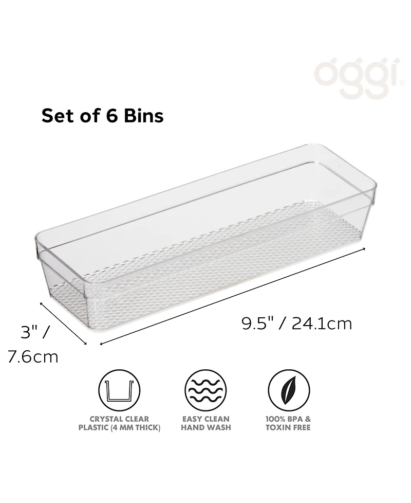 Oggi Set of 6, 3" X 9.5" Clear Drawer Organizer