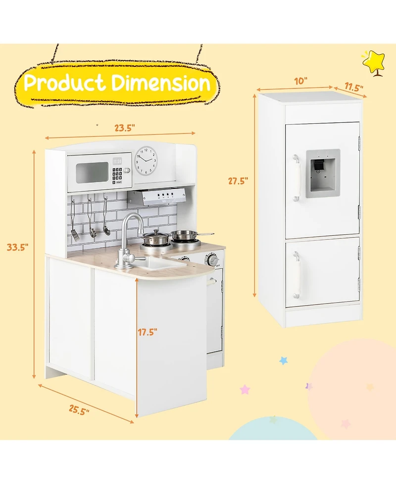 Costway Kids Corner Kitchen Playset Wooden Play Kitchen with Microwave&Fridge