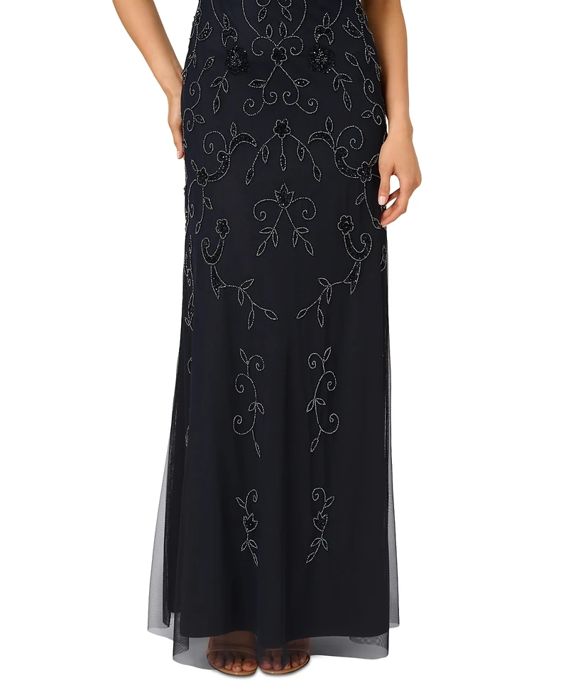 Adrianna Papell Women's Boat-Neck Short-Sleeve Beaded Blouson Gown