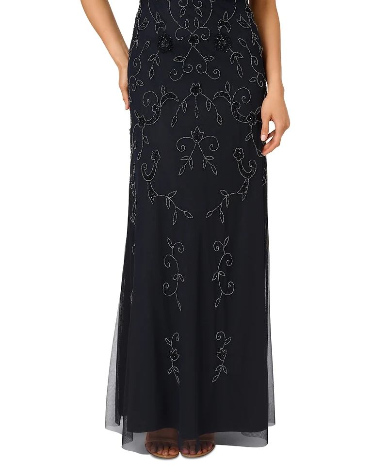 Adrianna Papell Petite Boat-Neck Short-Sleeve Beaded Blouson Gown
