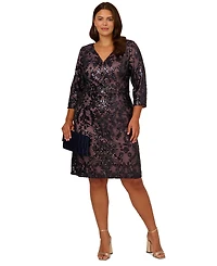 Adrianna Papell Plus Size Beaded V-Neck 3/4-Sleeve Sheath Dress