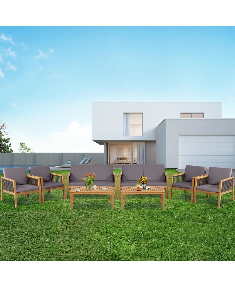 Gymax 8PCS Patio Conversation Acacia Wood Furniture Set Pe Rattan Conversation Set w/ Grey Cushions