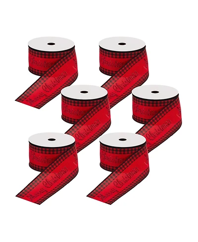 Slickblue Wired Merry Christmas Ribbon With Buffalo Plaid Accent (Set of 6)