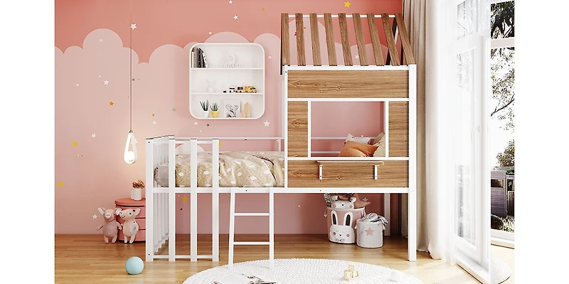 Streamdale Metal Twin Loft Bed With Roof, Window, Guardrail, Ladder