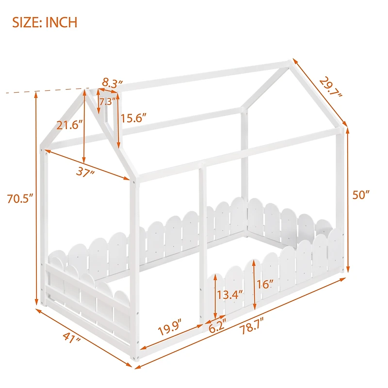 Streamdale Twin Wood Bed House Frame With Fence, For Kids, Teens, Girl