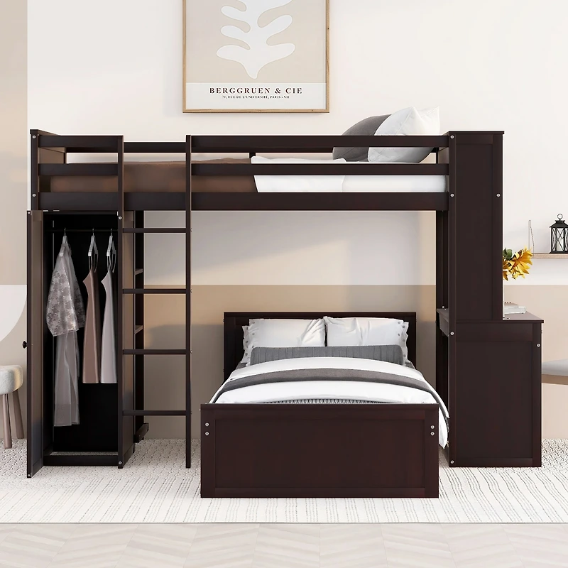 Streamdale Twin Loft Bed With A Stand-Alone Bed, Shelves, Desk, And Wardrobe