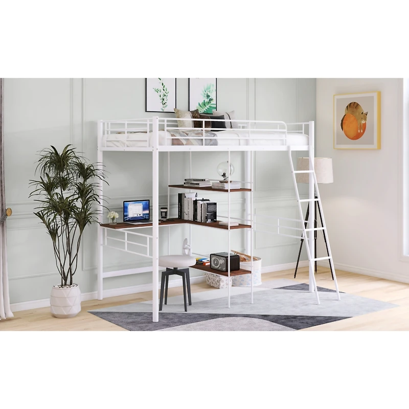 Streamdale Twin Size Metal Loft Bed And Built-In Desk And Shelves