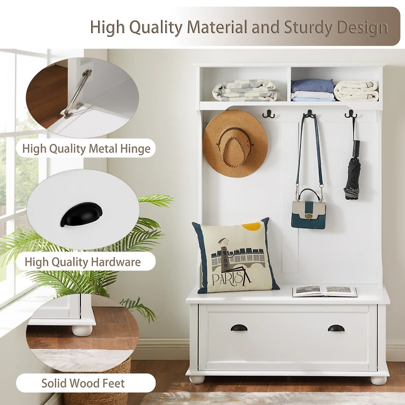 Simplie Fun Coastal Style White Hall Tree Bench with Shoe Cabinets