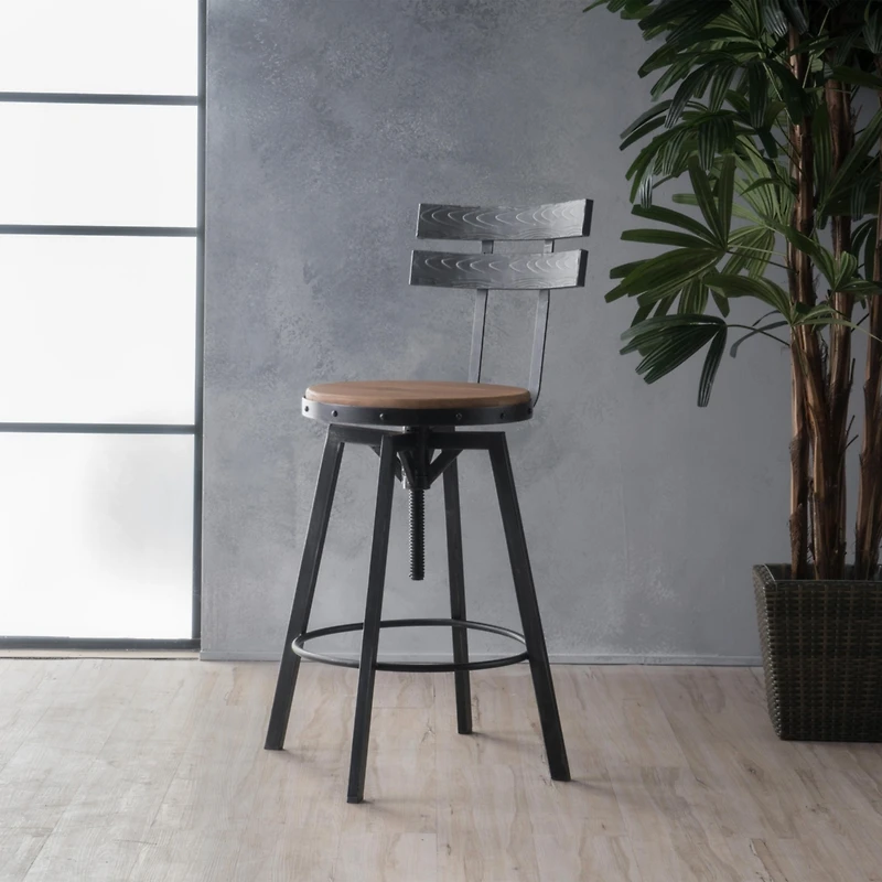 Rustic-Chic Barstool Fir Wood Seat, Metal Frame