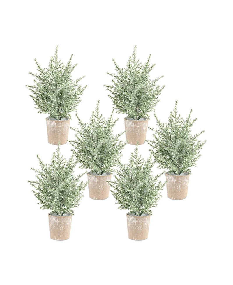 Slickblue Premium Quality Potted Icy Pine Tree Set - Pack of 6 Lifelike 12" Artificial Trees for Winter and Holiday Decor