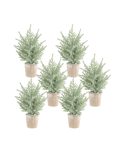Slickblue Premium Quality Potted Icy Pine Tree Set - Pack of 6 Lifelike 12" Artificial Trees for Winter and Holiday Decor