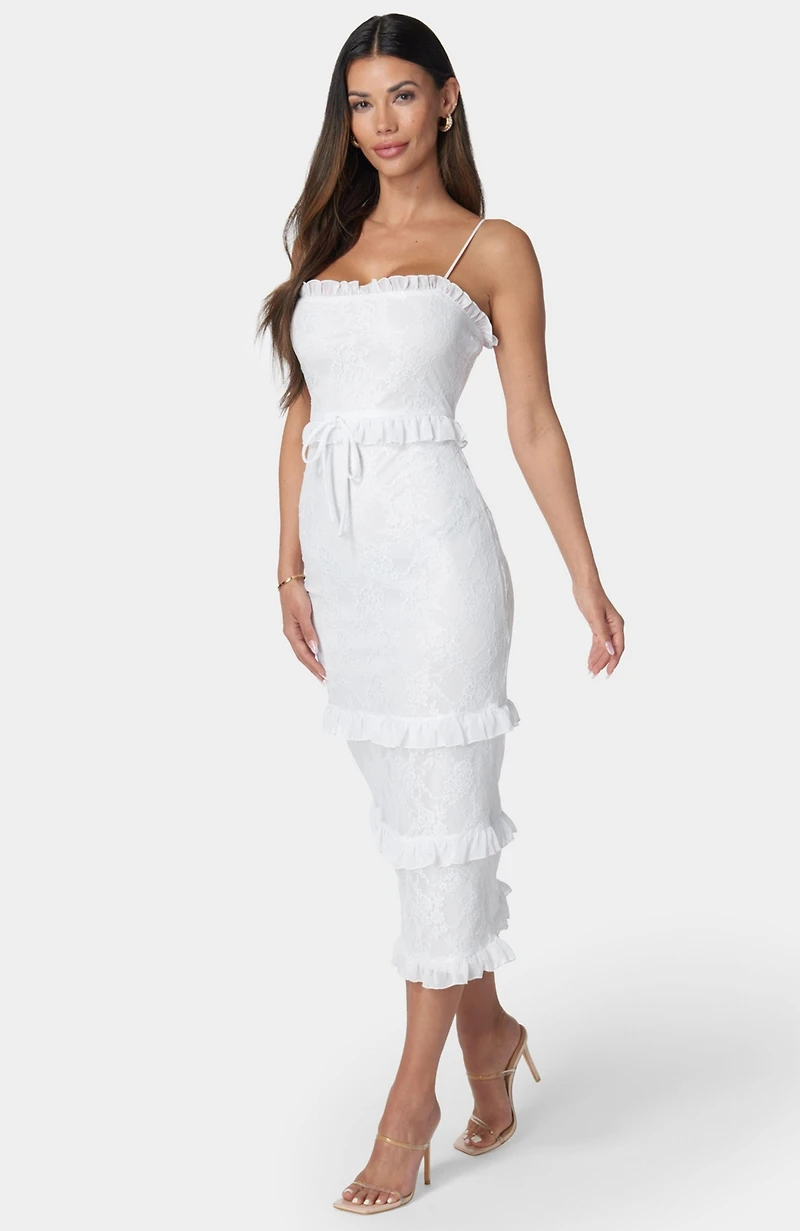 Bebe Women's Lace Maxi with Ruffle Dress