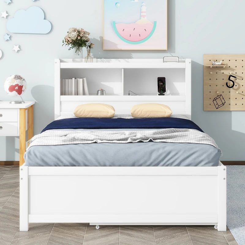 Streamdale Full Platform Bed With Trundle, Drawers And Usb Plugs, White