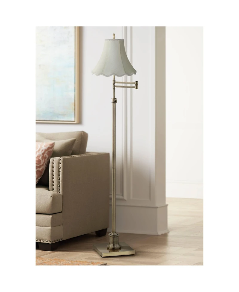 Westbury Traditional Swing Arm Floor Lamp Adjustable Height 70" Tall Antique Brass Imperial Scalloped Creme Fabric Bell Shade Decor for Living Room Re