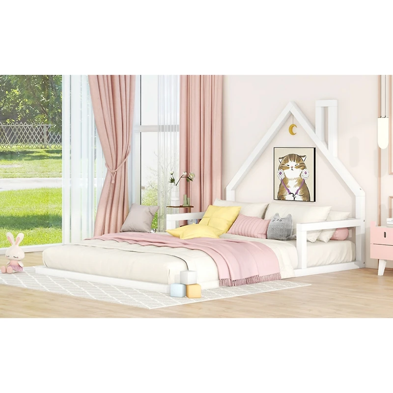 Full Size Wood Floor Bed With House-Shaped Headboard