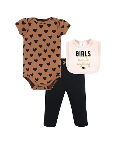 Hudson Baby Girls Cotton Bodysuit, Pant and Bib Set