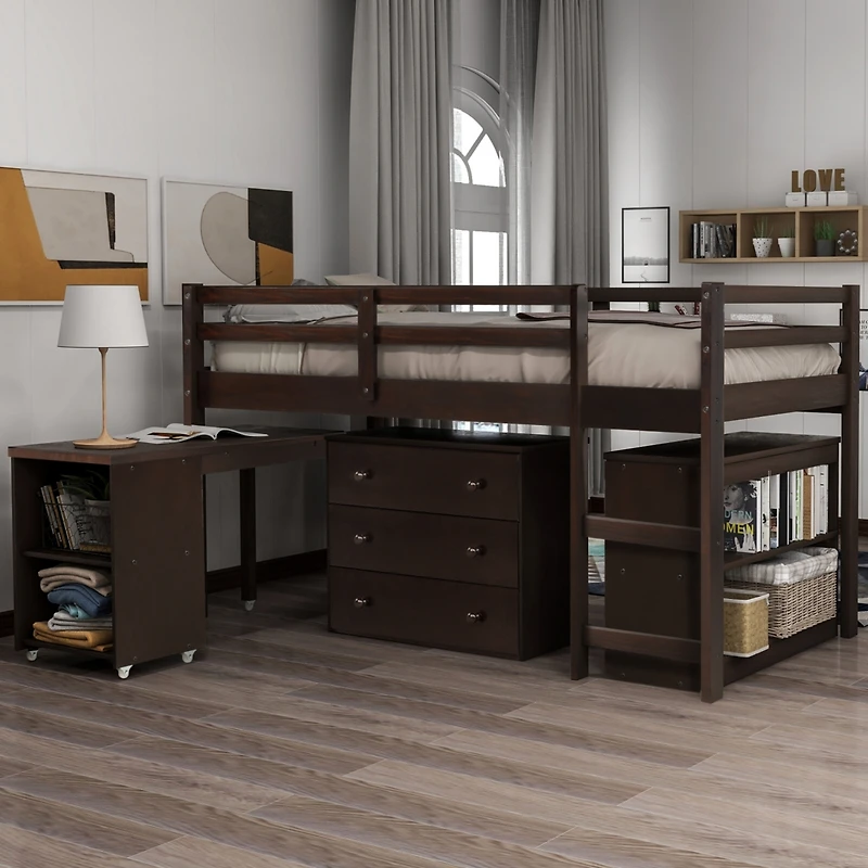 Streamdale Low Study Twin Loft Bed With Cabinet And Rolling Portable Desk