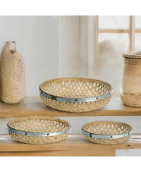 Slickblue Round Woven Wicker Tray With Galvanized Metal Accent (Set of 3)