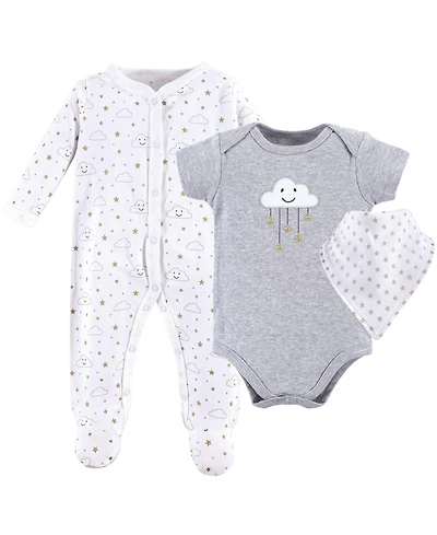Hudson Baby Boys or Girls, Cotton Sleep and Play, Bodysuit Bandana Bib Set, Gray Clouds, 6-9 Months