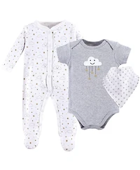 Hudson Baby Boys or Girls, Cotton Sleep and Play, Bodysuit Bandana Bib Set, Gray Clouds, 6-9 Months