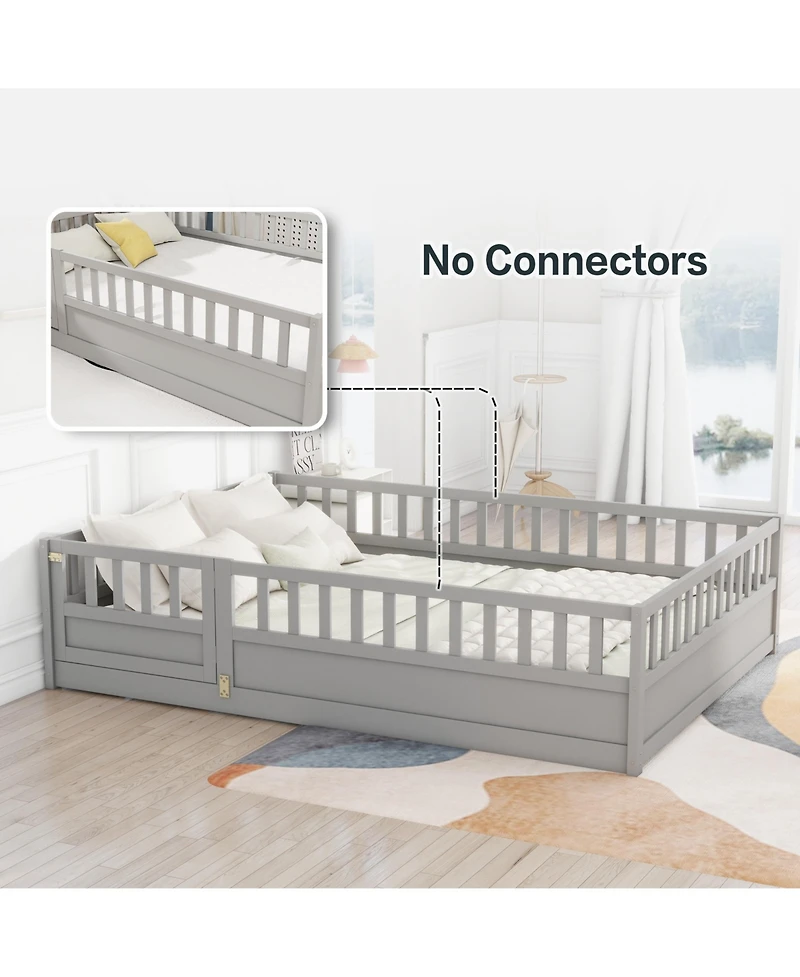 Simplie Fun Full size Floor bed, integral construction with super high security barrier, door, children's floor bed frame, Montessori wooden children'